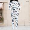 Women Plus Size White Printed Long Sleeve Stand Collar Cropped Varsity Jacket And Long Pants Two Piece Set