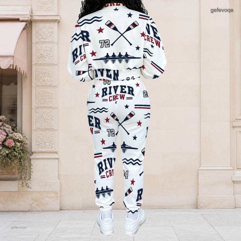 Women Plus Size White Printed Long Sleeve Stand Collar Cropped Varsity Jacket And Long Pants Two Piece Set