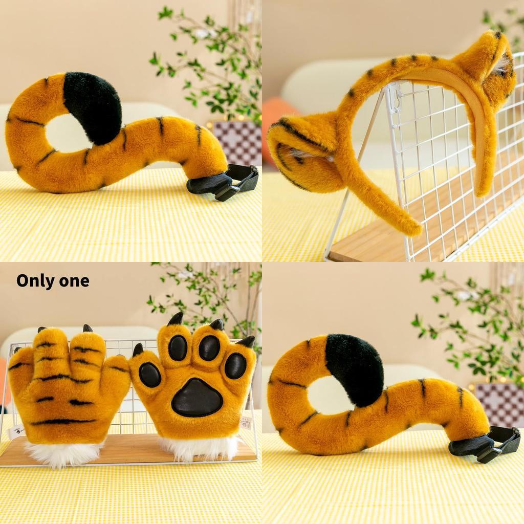 Urocza pluszowa opaska na głowę z łapą i ogonem tygrysa, idealna na występy sceniczne i prezenty z zoo