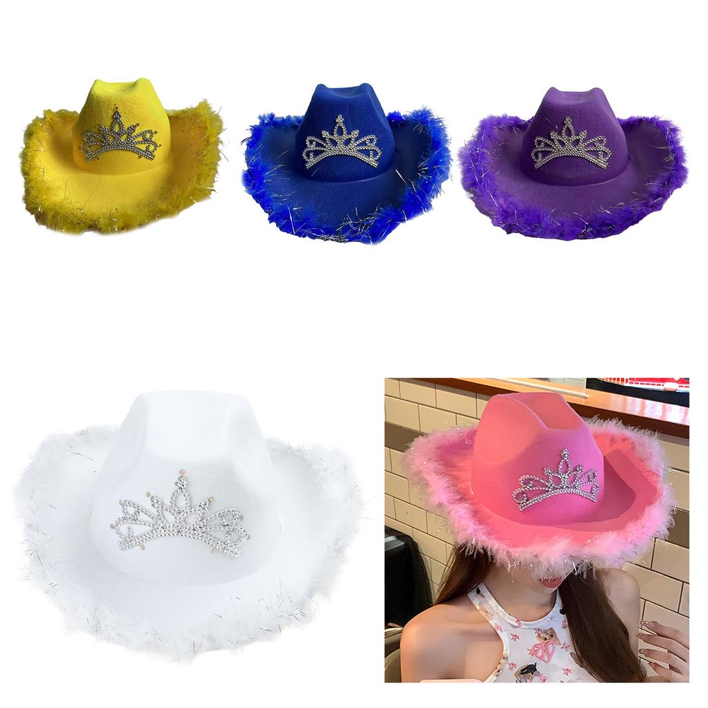 Wedding Party Cowboy Hat Adult Woman LED Feather Tinsel Brim Hat Fedoras Felt Cowboy Hat with Rhinestone Crown Decor