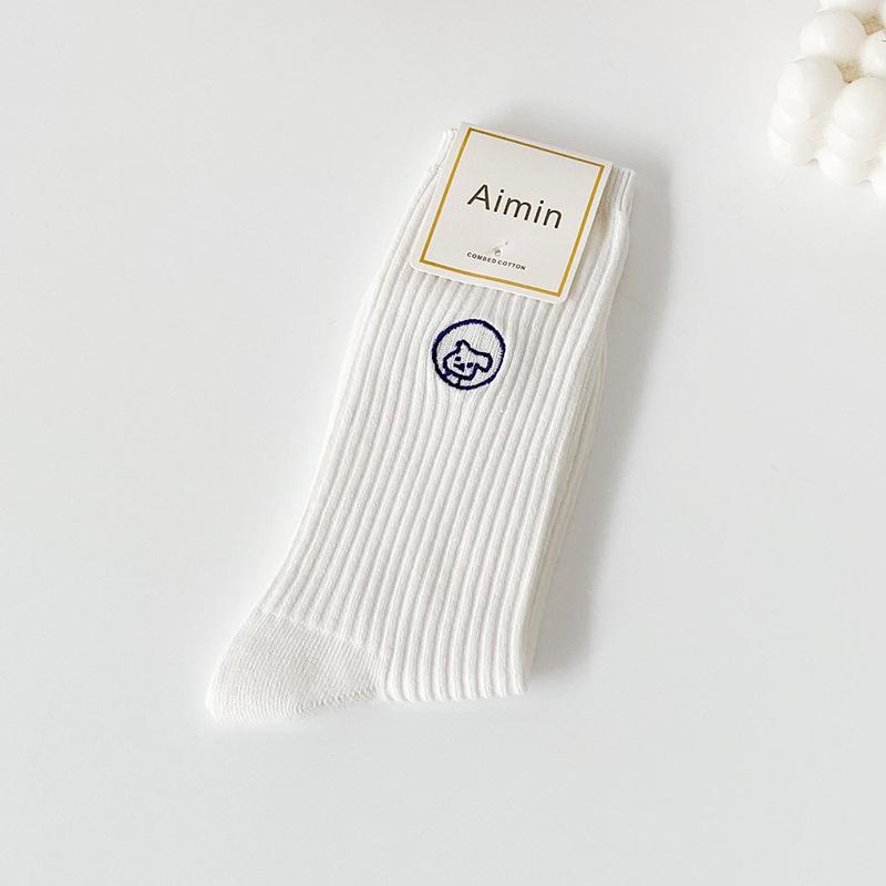 Chaussettes montantes en coton à motif animal brodé de dessin animé pour femme, printemps et automne