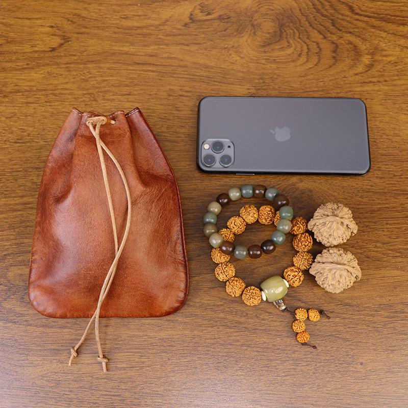 European and American Retro Style Top Layer Cowhide Money Bag, Hand Polished Portable Coin Bag, Drawstring Pocket, Change Leather Bag, Stationery Bag