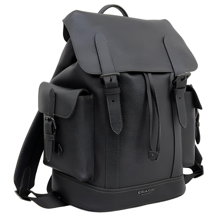 Coach Black Pebbled Leather Large Flap Backpack with Side Pockets for Daily Use