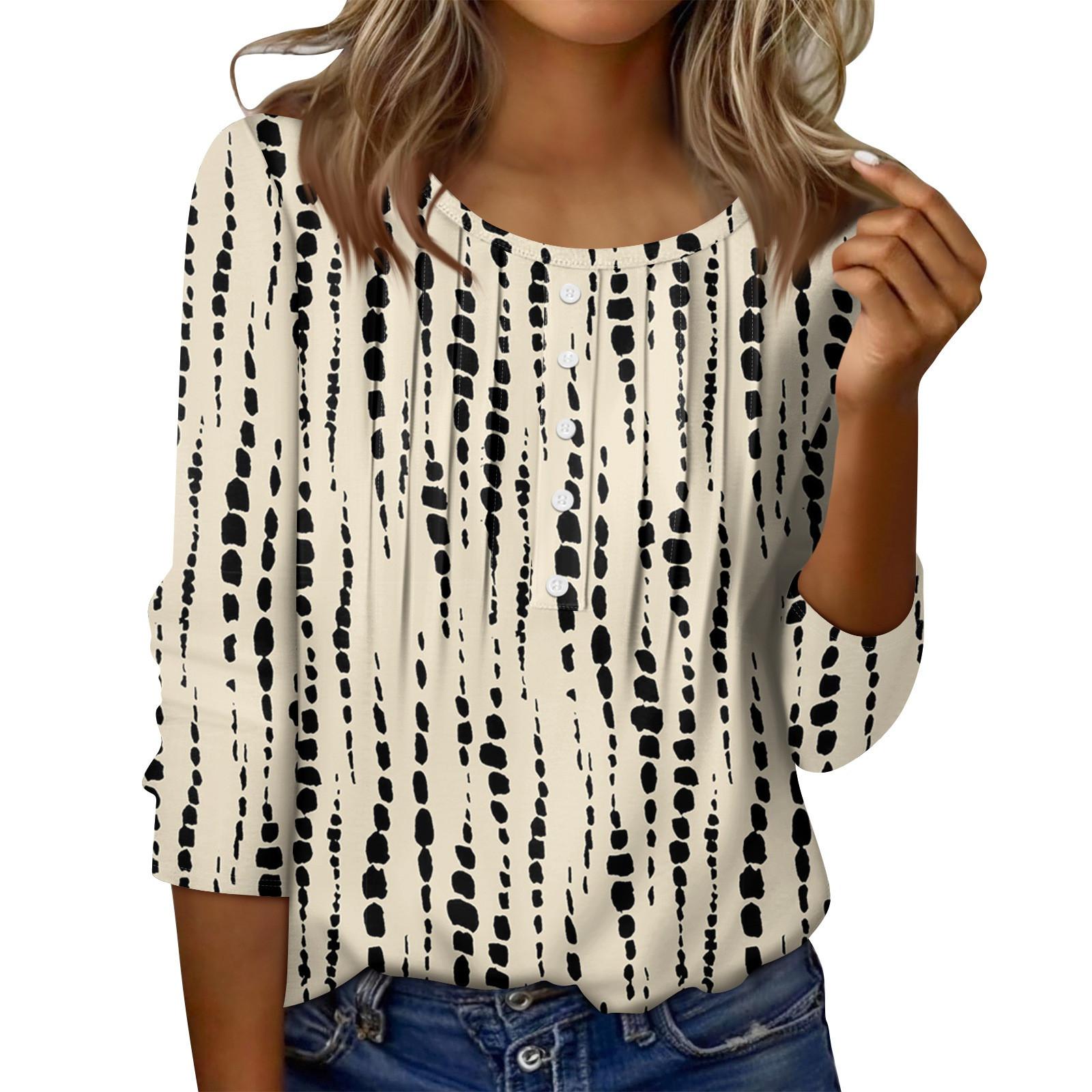 

Women s Round Neck Pull Stripe Decorative Button Top Casual Solid Color 3/4 Sleeve T Shirt XL хакі