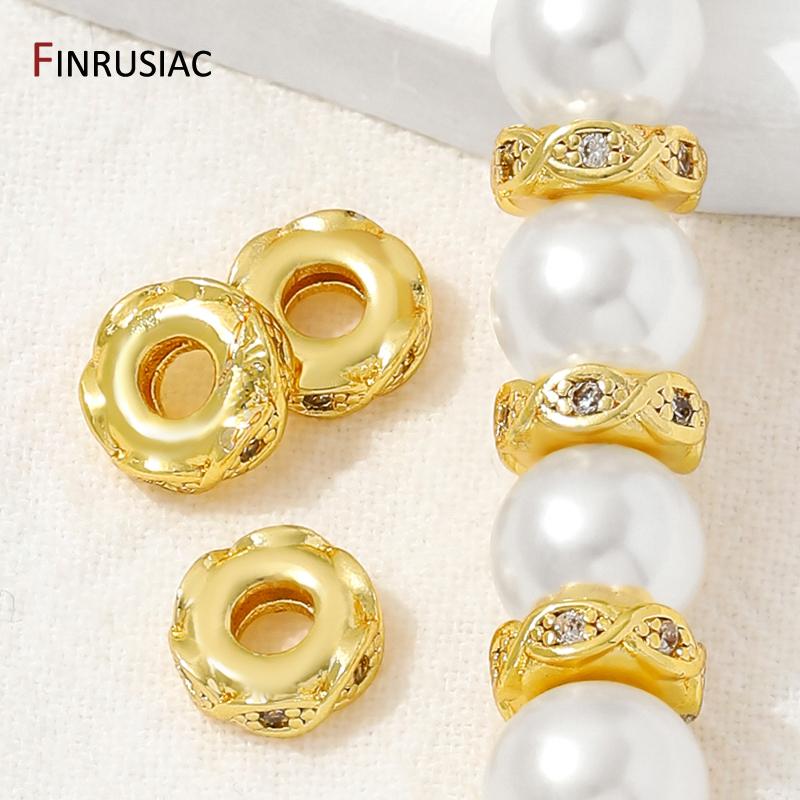 14K Gold Plated Messing Flache Abstandshalter Perlen Für Armband, Trennstück Für Perlen, Eingelegte Zirkonia Abstandshalter Perlen Für DIY Schmuckzubehör