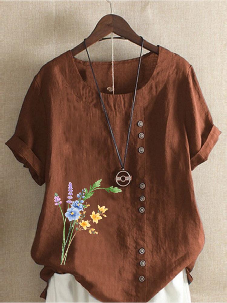 Women's Fashion Floral Print Casual Cotton Linen Short Sleeve Round Neck T-shirt Shirt Leisure Loose Summer Blouse Tops