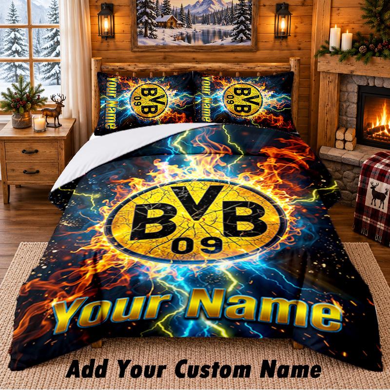 Borussia Dortmund Pattern Bedding 3Pcs Set Custom Name, Bed Sheet And Pillowcases For Home Bedroom