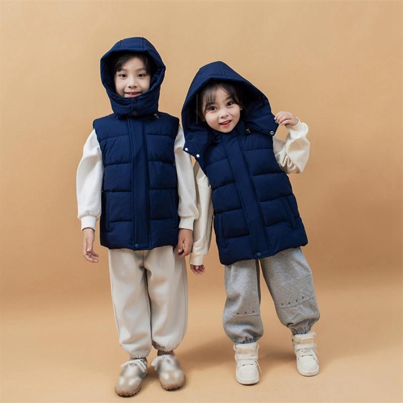 3-10 Years Kids Winter Warm Hooded Vest Sleeveless Zipper Coat