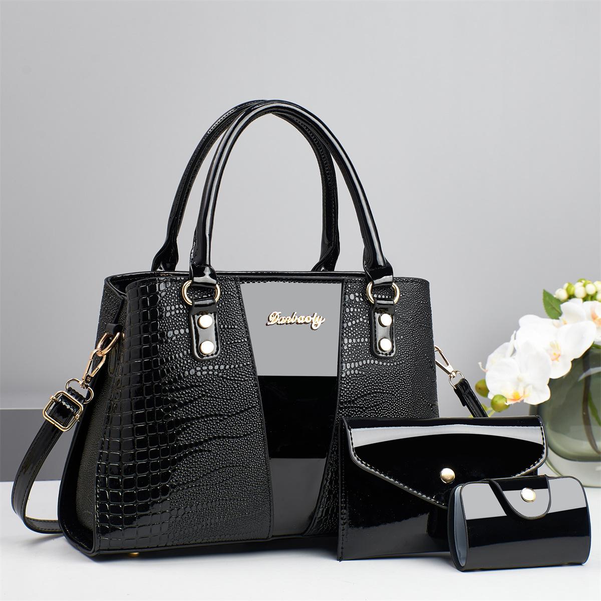 

Mother and child bag Taizhou women s bag handbag crocodile pattern shoulder messenger bag three-piece set women s bag чорний