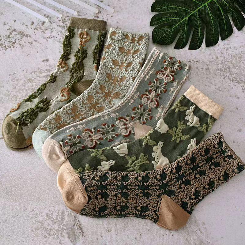 5 stuks Sokken in Vintage Stijl Dames Lente Lente Sokken tot Halve Kuit Driedimensionaal Reliëfontwerp Zacht en Comfortabel Dameskousen All equipped [Five pairs] gray