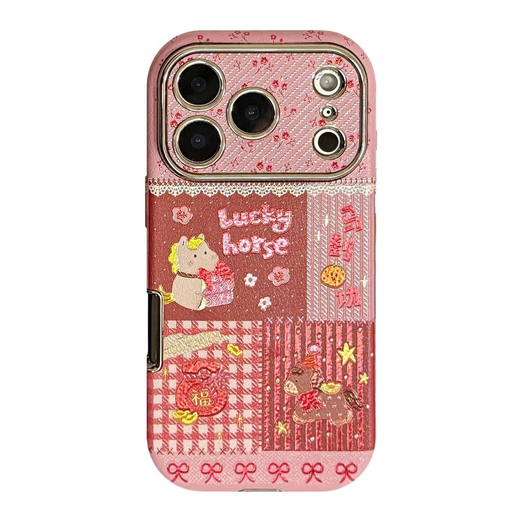Gold-Plated Pink Leather Lanyard Case for iPhone 13/14/15/16 Pro Max/17 with Little Horse Design