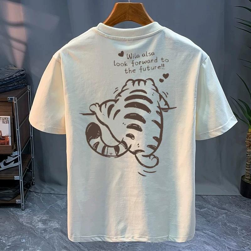 Round Neck Trendy Tops, Fashionable and Versatile Men's T-shirts, Loose Printed Short Sleeves for Couples Cotton