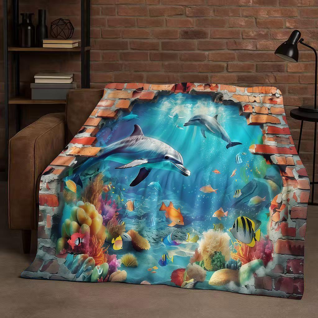 3D Illusion Underwater World Breaking Wall Art Flannel Blanket,Ultra Soft Warm Plush Throw for Home Bedroom Bed Sofa Cover Gift