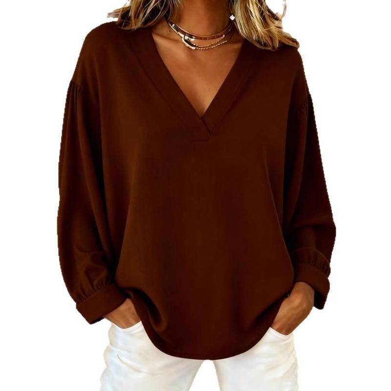 2025 Neues Damen Casual V-Ausschnitt Langarm Pullover Locker Einfarbig Mehrfarbig Damen T-Shirt