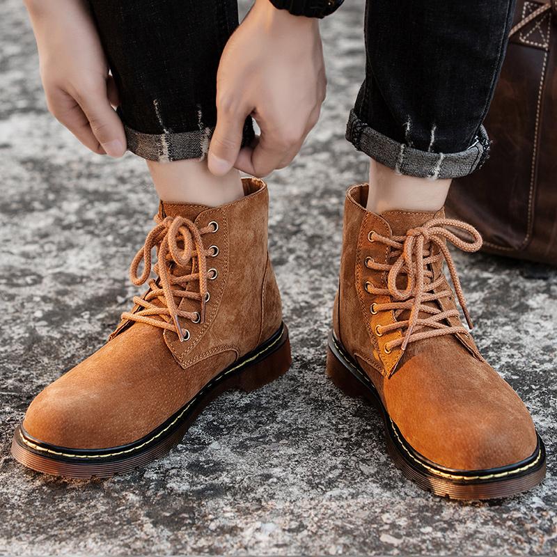 Fashion Brown Suede Boots for Men Classic Leisure Cowboy Boots Men Fur Warm Mens Leather Ankle Boots Plus Size 48 Bota Masculina