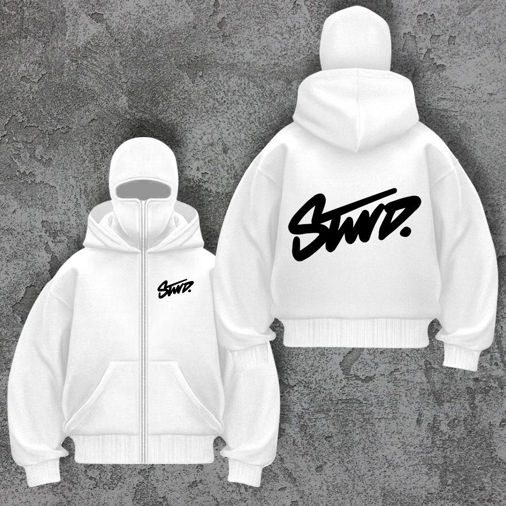 American Casual Sports Jacket Y2K Style Hooded Mask with Double Hood Zipper Design, Outdoor Letter Swd Printed Zipper Sweater