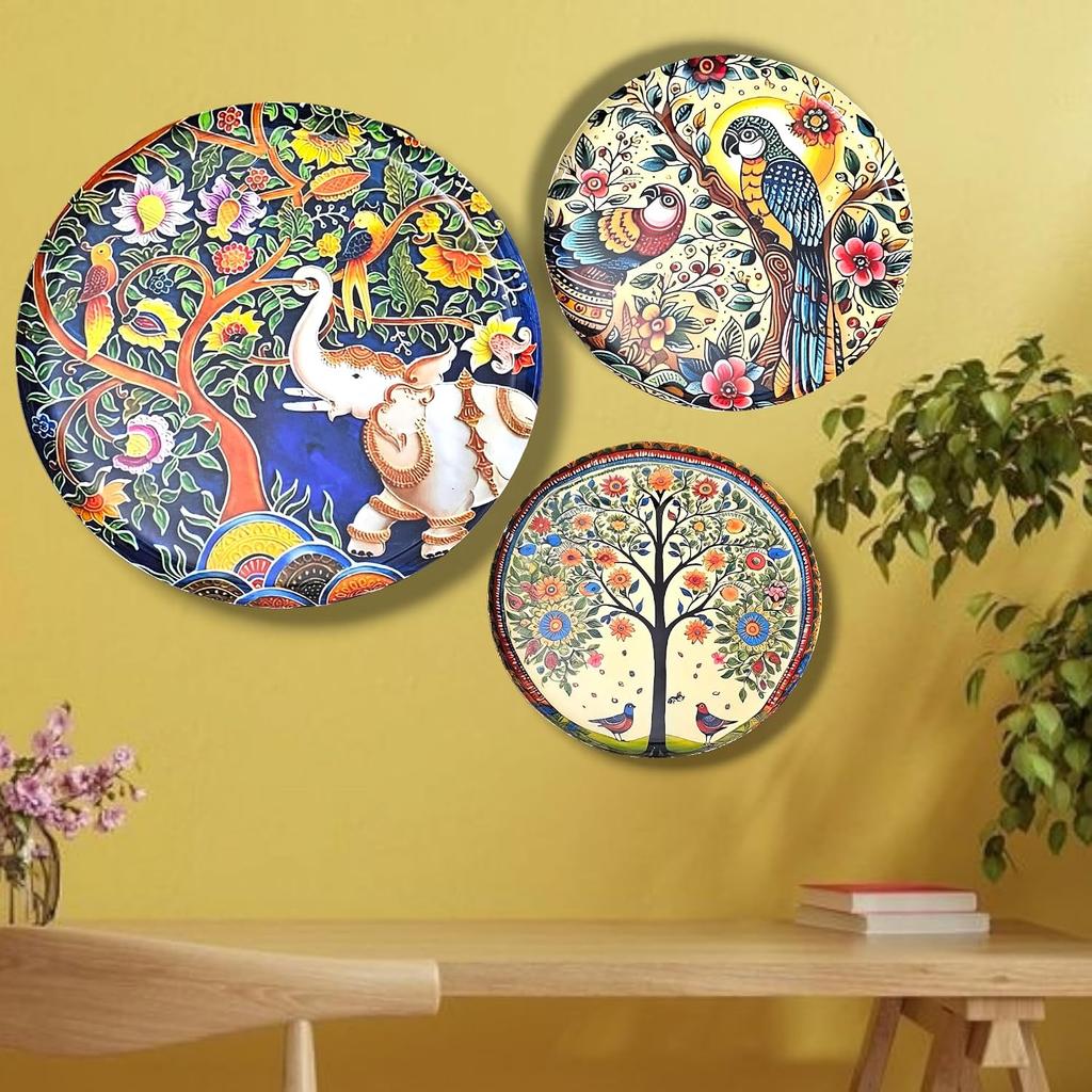 Madhubani Metallwandteller, Wanddekoartikel für Zuhause - 12, 10, 8 Zoll