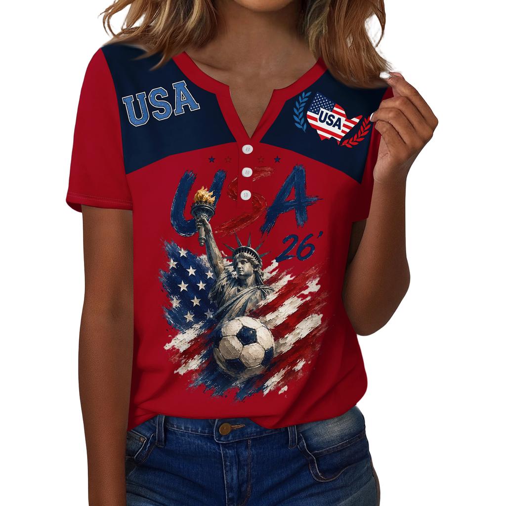 Women's Casual V-Neck Short Sleeve Button Down T-Shirt with Soccer Graphic Print