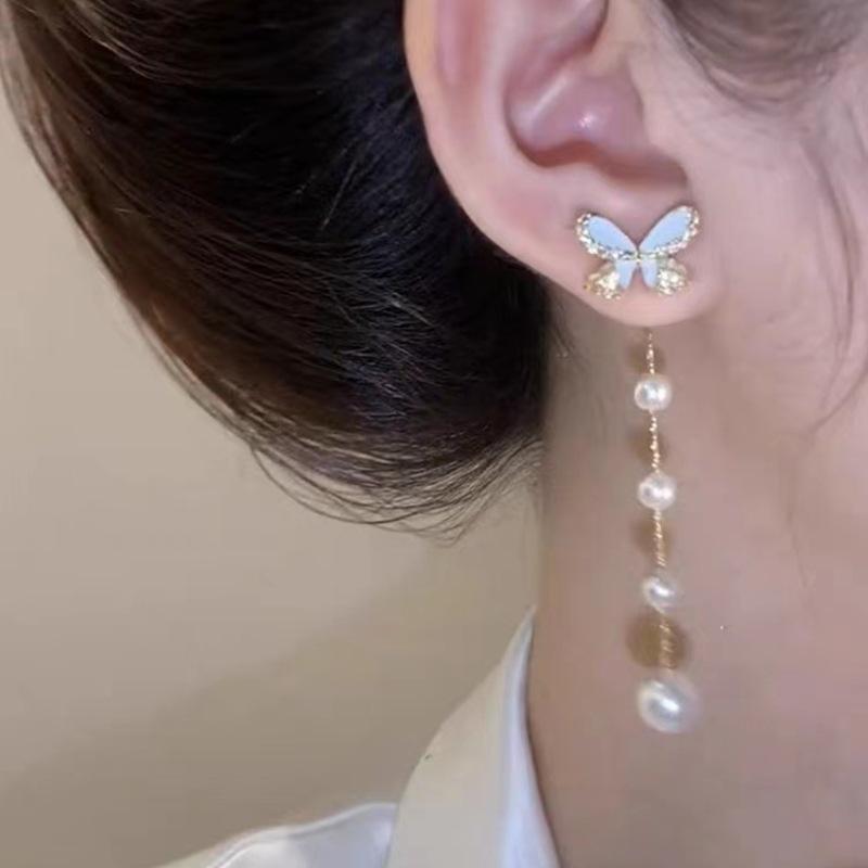 2023 New S925 Sterling Silver Pearl Bow Earrings with Long Tassel & Two-Way Butterfly Design