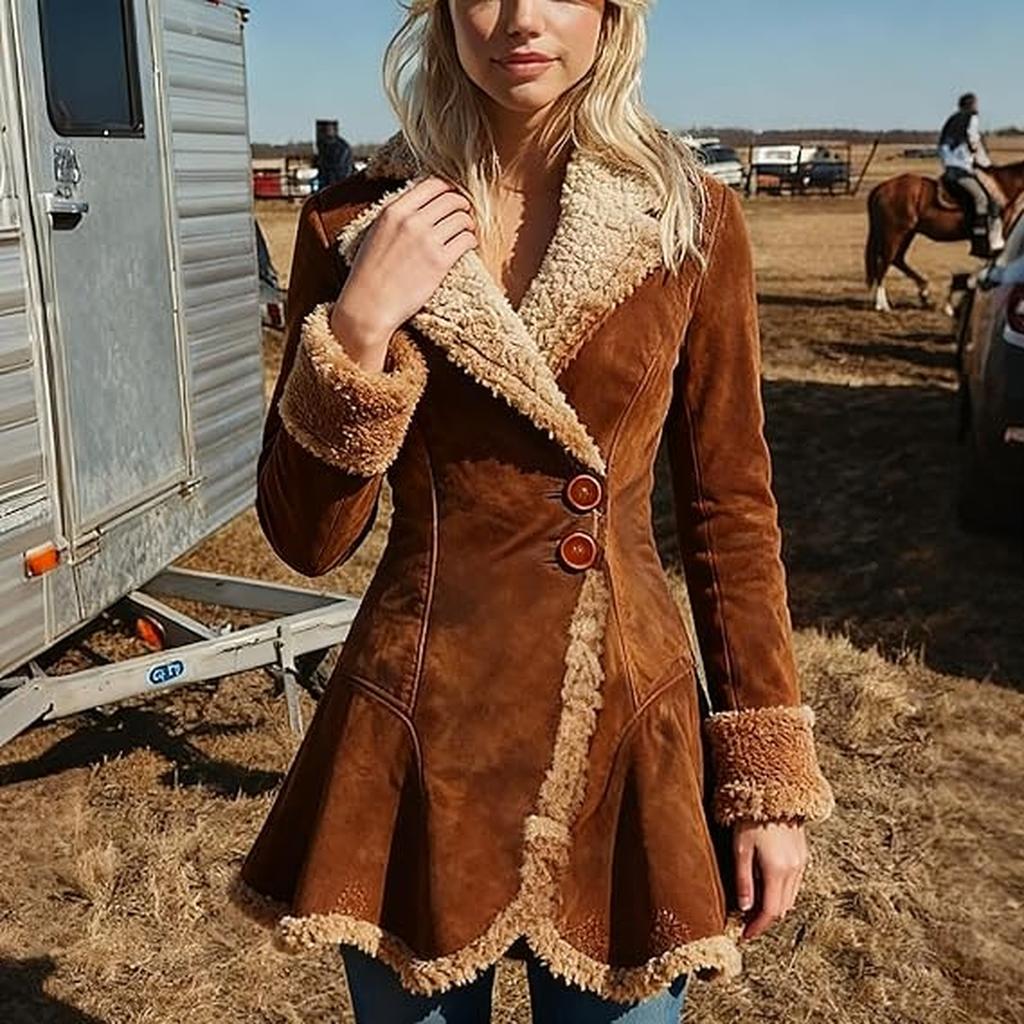 Women's Denim Western Retro Trench Coat, Plush Fashion And Warmth, Fleece Jacket