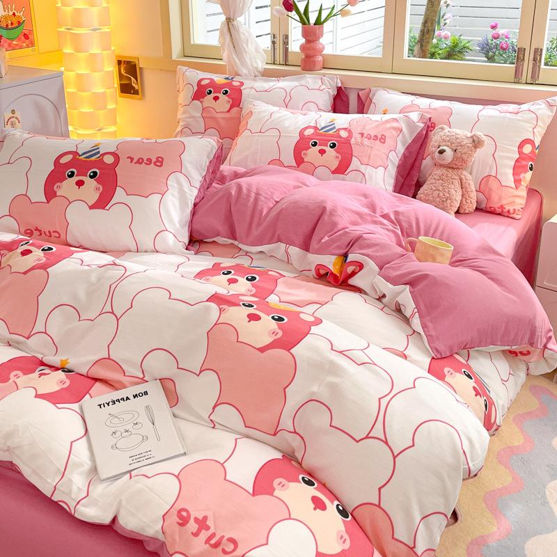Class A Maternal And Infant Grade Washed Cotton Four-Piece Set Cotton Cartoon Small Fresh Pure Cotton Mattress Quilt Cover 3Pcs Set