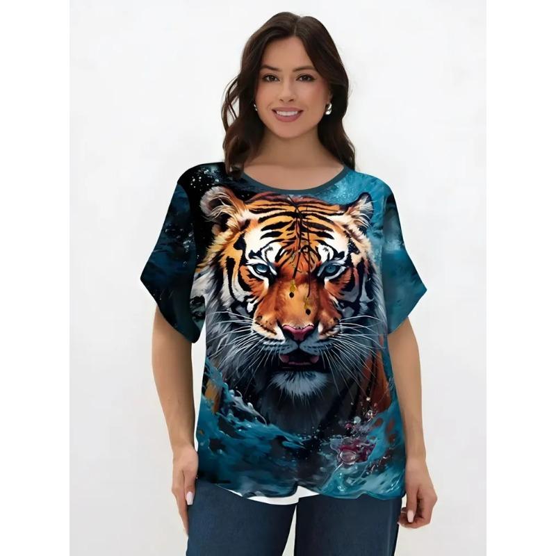3D Printed Women's Round Neck Tiger Pattern T-shirt Multifunctional Summer Fresh Women's Version T-shirt Breathable Machine Wash Outdoor Top