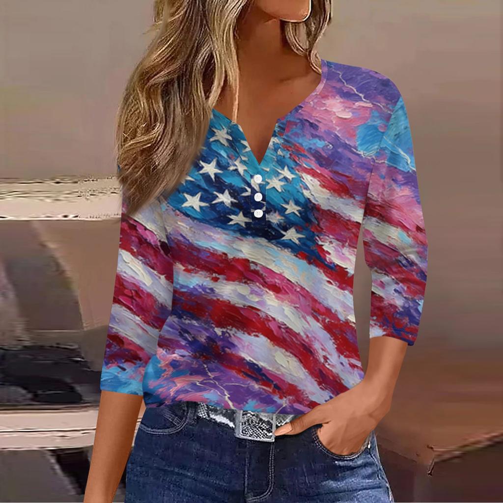 Women's Fashion Casual Independence Day American Flag Stars and Stripes Print Collar V-Neck Three-Quarter Sleeve Decorative Button-Up T-Shirt Top