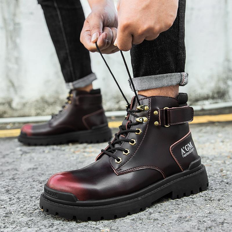 Trend Boots Men's Lace-up Thick-soled Wear-resistant Work Boots Fashion Casual Leather Boots High-top Outdoor Motorcycle Boots