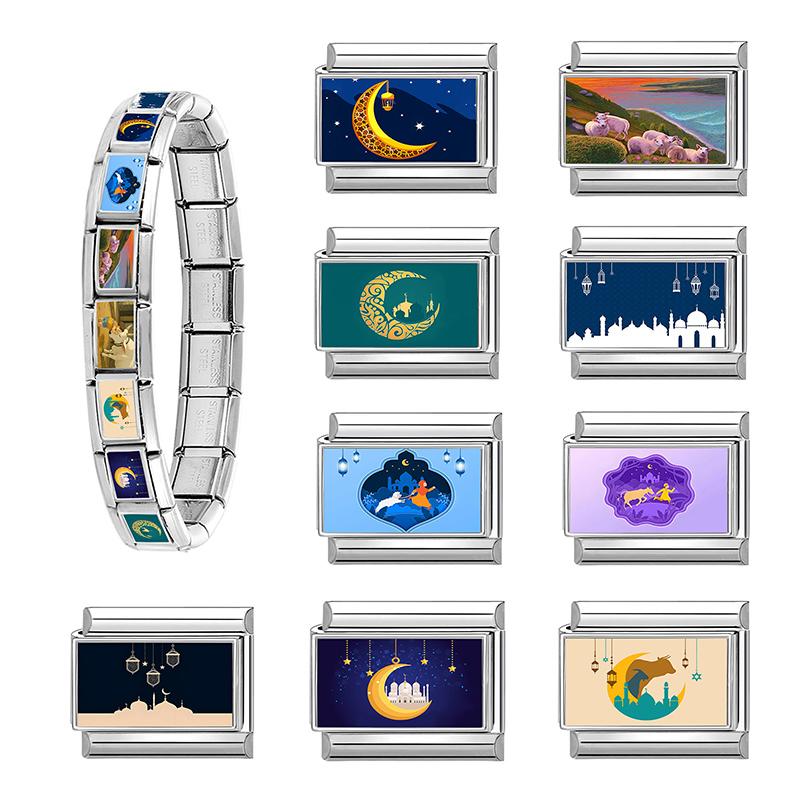 New Classic Hari Raya Haji Element Moon Sheep Pattern Italian Charm Links Fit 9mm Bracelet Stainless Steel DIY Making Jewelry