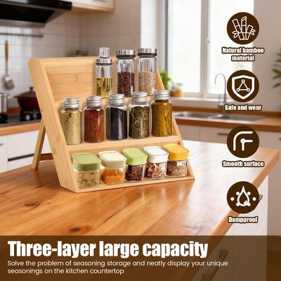 Étagère de Rangement de Cuisine à 3 Niveaux en Bambou, Porte-épices, Tiroir Pliable, Organisateur pour Pots à Épices, pour Maison, Comptoir, Accessoires de Cuisine