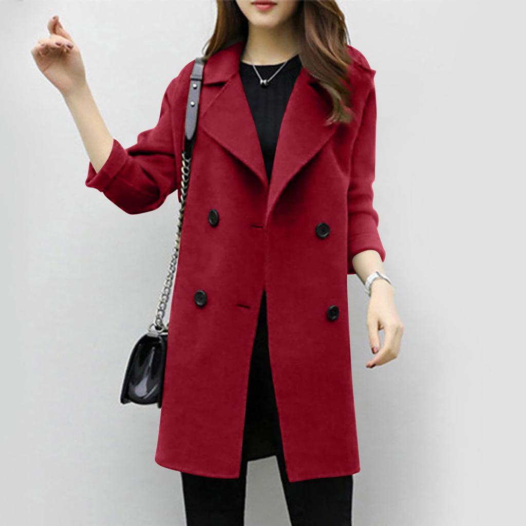 Women's Long-length Autumn Coat, Double-breasted, Long Sleeves, Solid Color