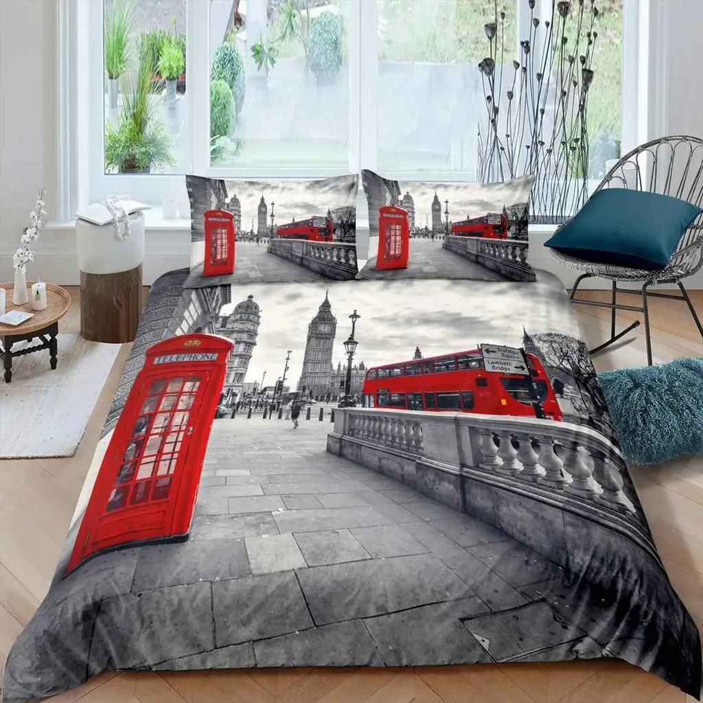 Big Ben Comforter Cover Boys Famous Telephone Booth Bedding Set for Teens Retro London Cityscape Duvet Cover Set with Pillowcase