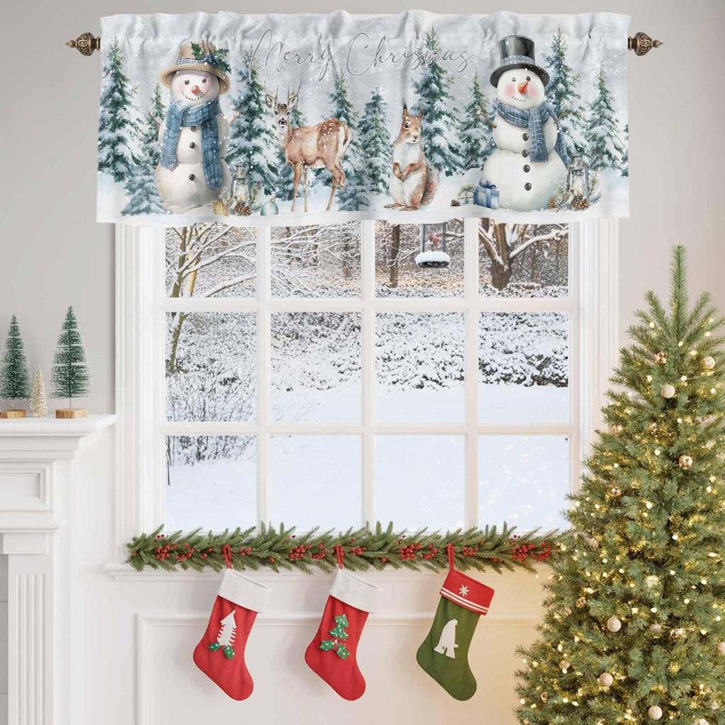Christmas Valance for Windows Snowman Short Kitchen Curtains for Living Room Over Sink Deer Squirrel Merry Christmas Tree Topper Window Treatment
