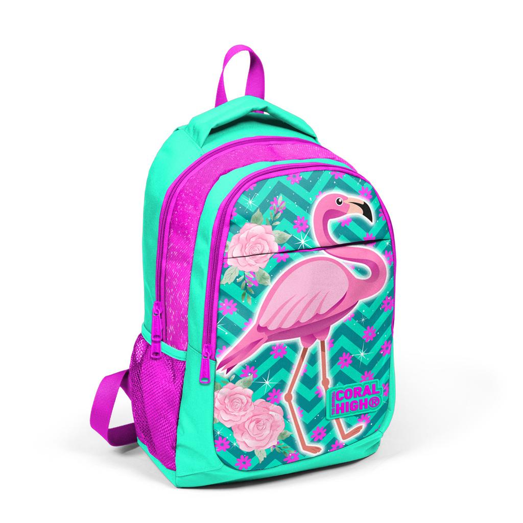 Coral High Kids Water Green Pink Glittery Flamingo Patterned Three Compartment USB School Backpack 23411