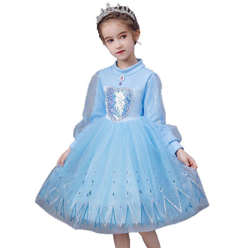 Girls' Frozen Elsa Fleece-Lined Winter Dress - Fashionable Princess Evening Dress