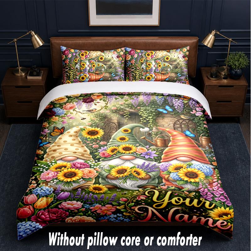 Gnome Theme Custom Text Or Name 3Pcs Bedding Set,1 Flat Sheet & 2 Pillowcases Personalized Home Bedding