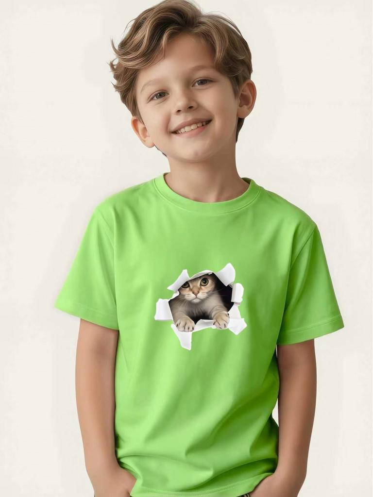 Boy's Simulated Cat Print Round Neck Short-sleeved Children's Summer Skin-friendly