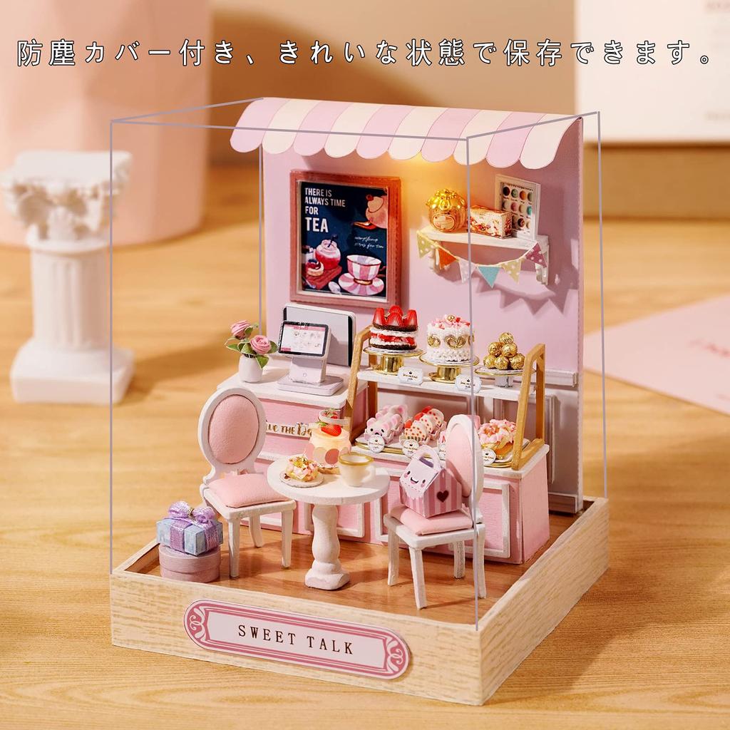 CUTEROOM Wooden Miniature Handmade Kit DIY Miniature House with LED Acrylic Dust and Detailed Instruction Coloring Page Dollhouse, Decoration, Light,