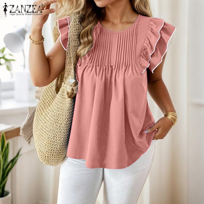 

ZANZEA Women Summer Round Neck Casual Ruffles Sleeve Loose Blouse 5XL хакі
