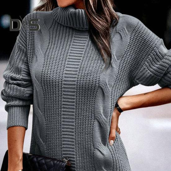 Women Autumn Winter Knitting Dress Turtleneck Long Sleeve Twist Texture Pullover Mini Dress Solid Color Thickened Warm Loose Dress