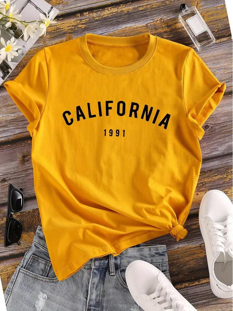 European and American Women's Yellow Short-Sleeved Top with Picture Design