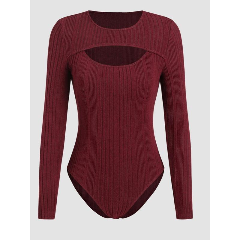 

Женские модные сексуальные боди с длинным рукавом, осенние и зимние новые открытые комбинезоны, повседневные обтягивающие комбинезоны с круглым вырезом, женская элегантная женская одежда 2429 L бордовый