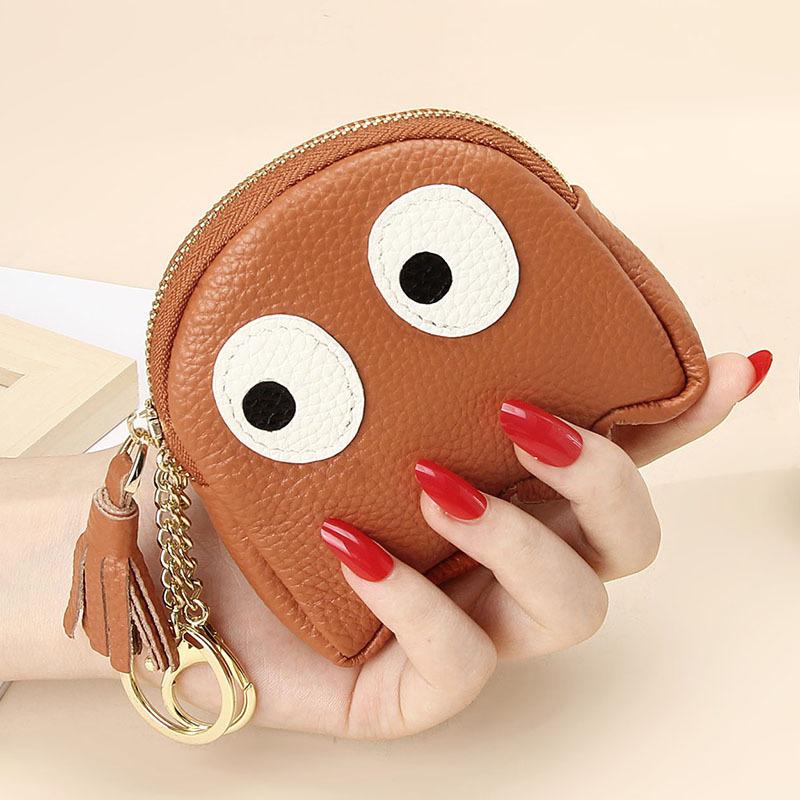 1PC Cute Cartoon Head Layer Cowhide Coin Purse Clutch Mini Creative Zipper Coin Purse Keychain Ladies Coin Purse
