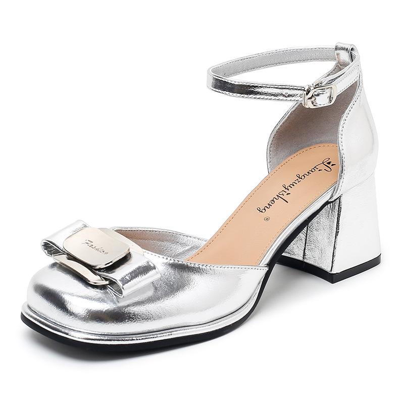 

Coarse Heel High Heels Baotou Women s Silver Jane Round Head Ballet Single Shoes Hollow Sandals 34 серебряный