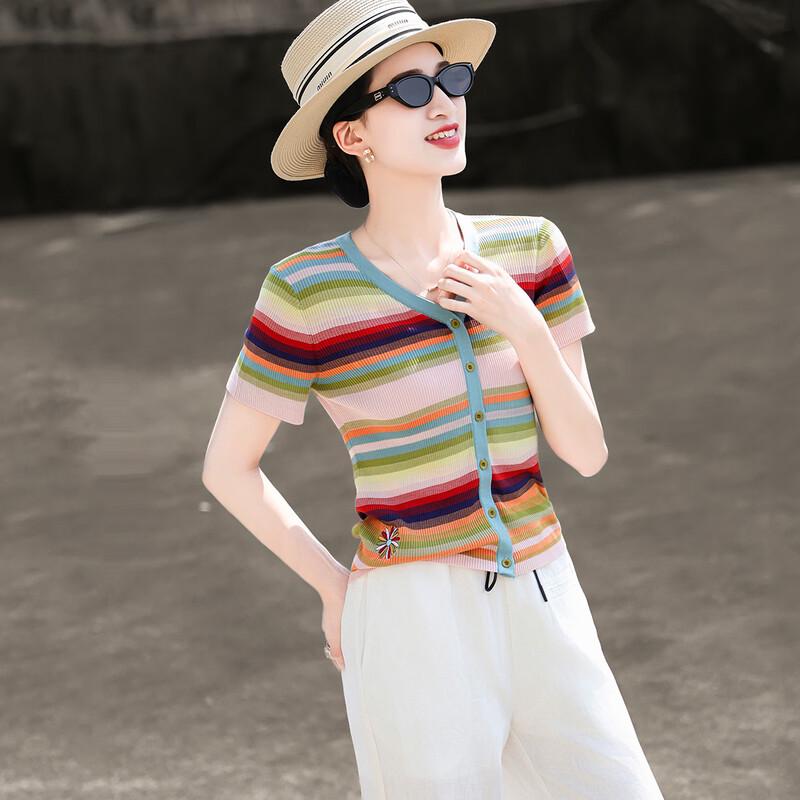 Lansere Women's Striped V-Neck Knit Short-Sleeve Top