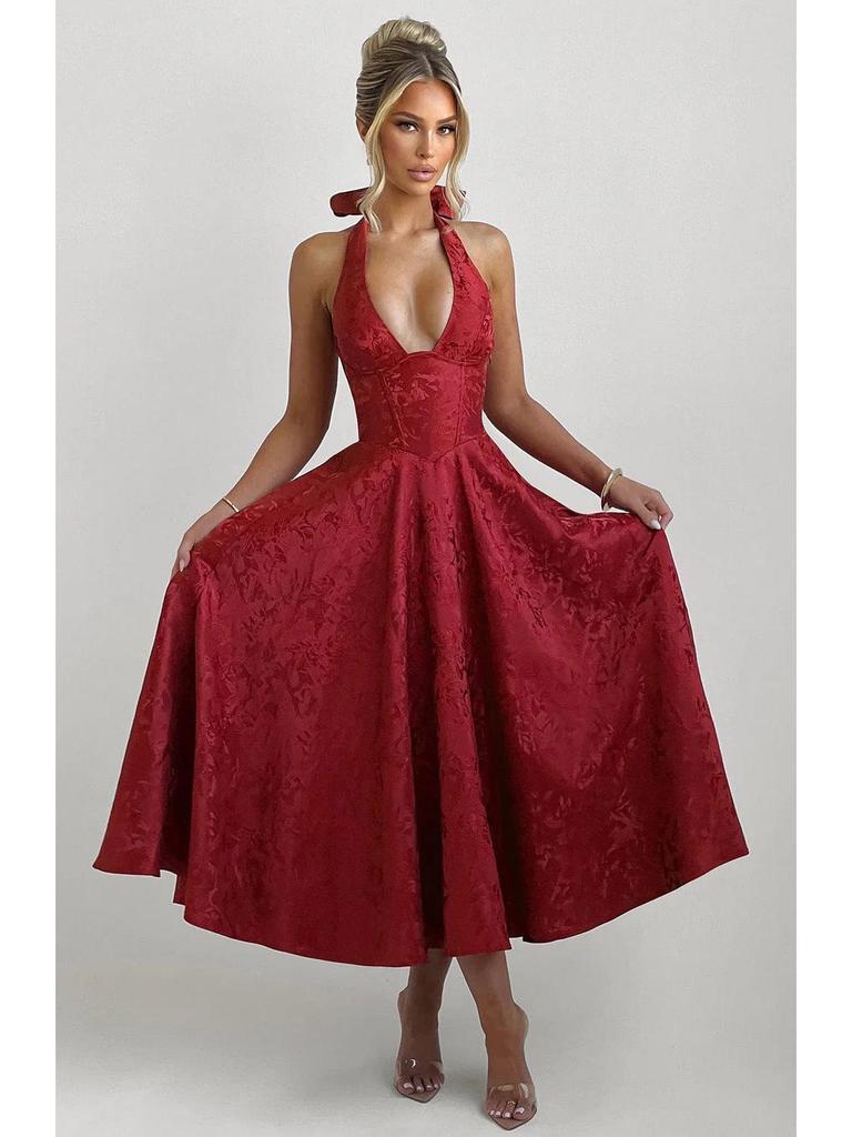 2026 Women's Exquisite Jacquard Halter Deep V High Waist A-line Dress