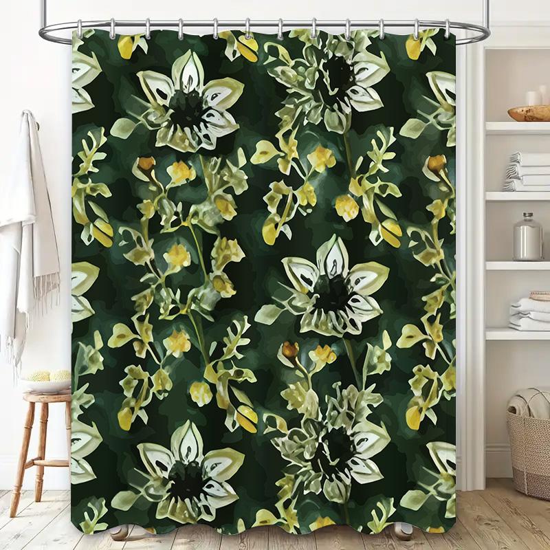 Luxury Floral Shower Curtain Green Yellow Waterproof Fabric Modern Bathroom Decor Set for Home Use