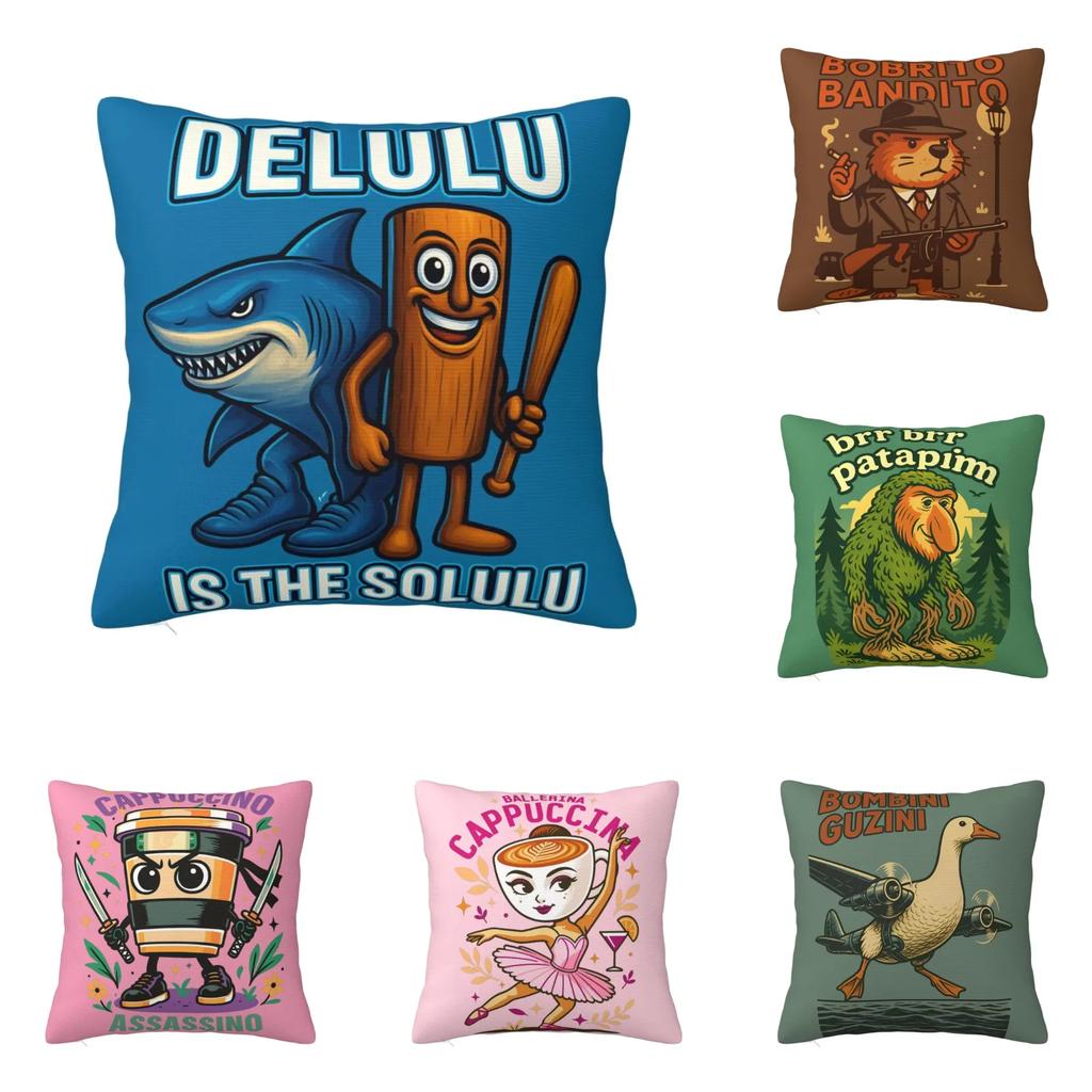 Brainrot Meme Italian Brain Rot Tung Tung Tung Sahu Pillow Case Cushion Polyester Pillow Cover Morden For Sofa Car Home Decor