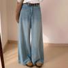 Women's High Waist Retro Light Blue Wide Leg Jeans - Autumn Slimming Drapey Floor-length Pants