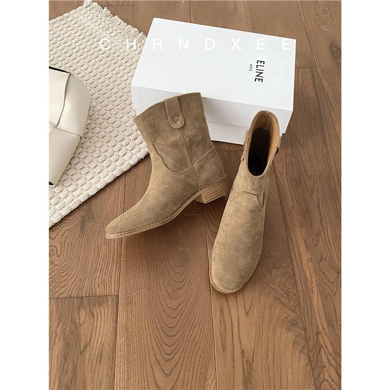 Cowhide Version~ 2025 New Retro Matte Round Head Sleeve Short Boots Women's Thick Heel Suede Versatile Martin Boots